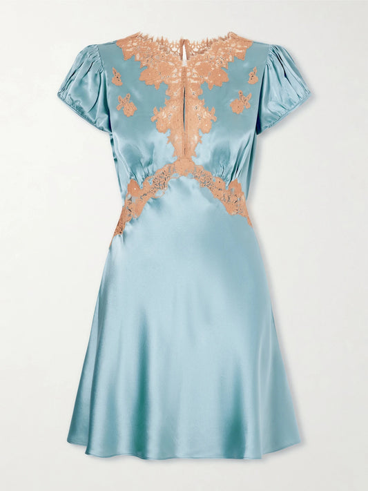 Image of Dresses. Product name - Junia Lace-trimmed Silk-satin Mini Dress in Blue colour by brand - DÔEN