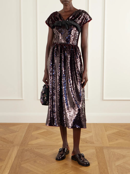 Image of Dresses. Product name - Gathered Bow-detailed Sequined Midi Dress in Crimson colour by brand - Simone Rocha