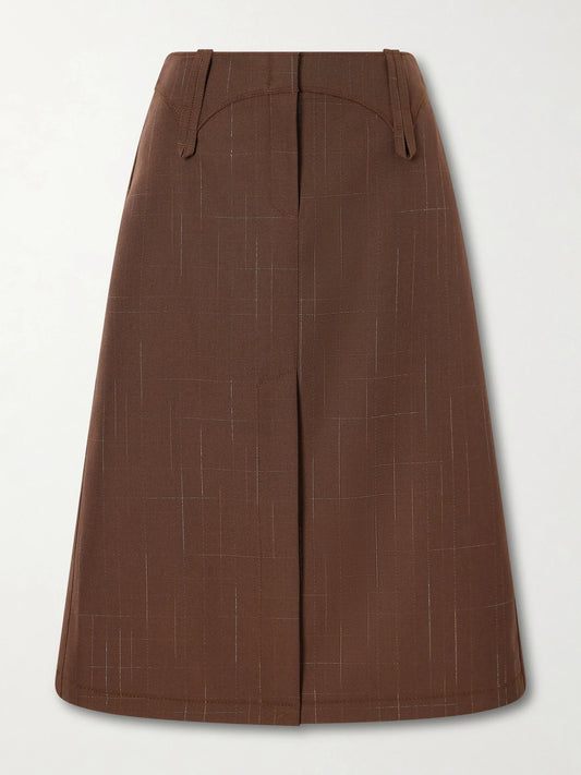 Image of a model wearing Skirts. Product name - Wool-blend Knee-length Skirt in Brown colour by brand - Tory Burch