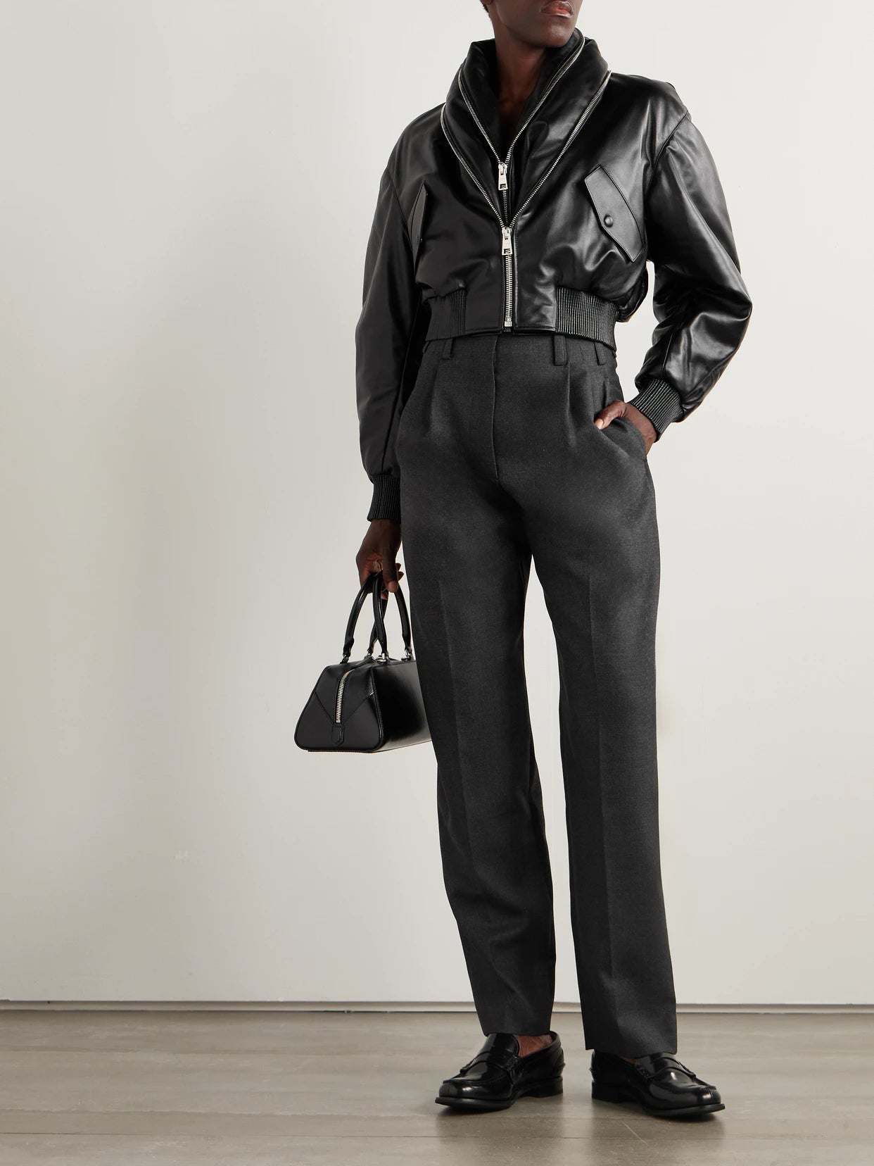 Image of Coats & Jackets. Product name - Cropped Layered Leather Bomber Jacket in Black colour by brand - Givenchy