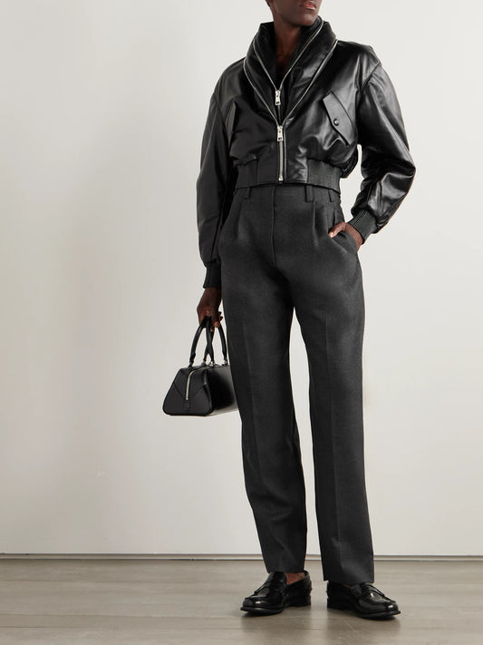 Image of Coats & Jackets. Product name - Cropped Layered Leather Bomber Jacket in Black colour by brand - Givenchy