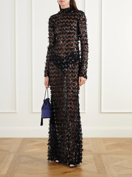 Image of Dresses. Product name - Dragon Lady Fringed Sequined Tulle Turtleneck Gown in Black colour by brand - Taller Marmo