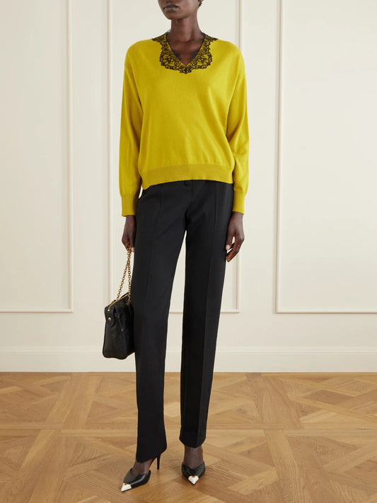 Image of a model wearing Outerwear. Product name - Lace-trimmed Cashmere Sweater in Yellow colour by brand - Valentino Garavani
