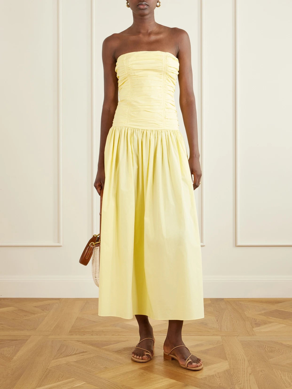 Image of Dresses. Product name - Strapless Ruched Organic Cotton-poplin Midi Dress in Yellow colour by brand - Matteau