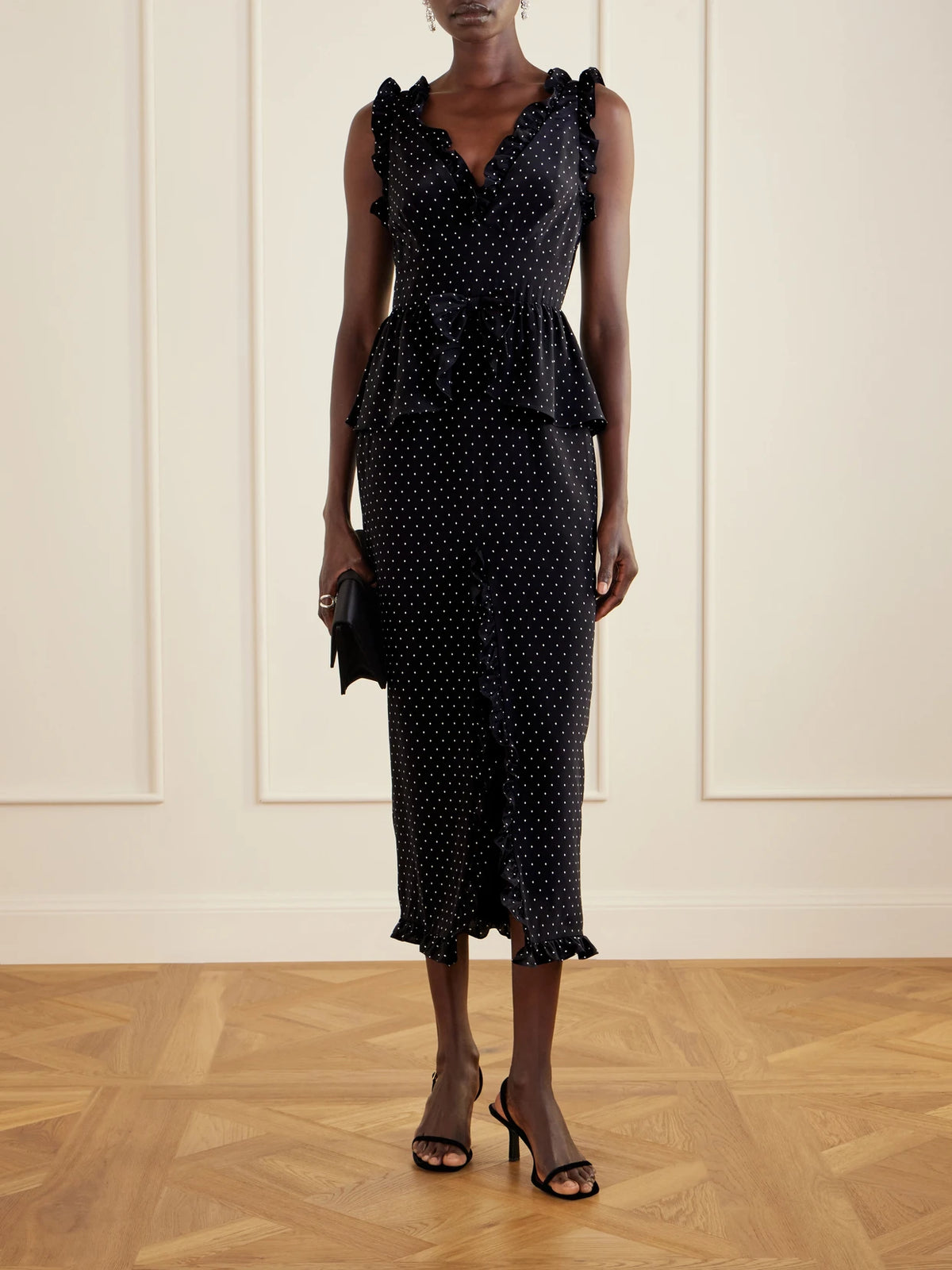 Image of Dresses. Product name - Bow-embellished Polka-dot Silk Midi Dress in Black colour by brand - Alessandra Rich