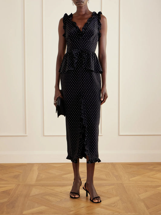 Image of Dresses. Product name - Bow-embellished Polka-dot Silk Midi Dress in Black colour by brand - Alessandra Rich