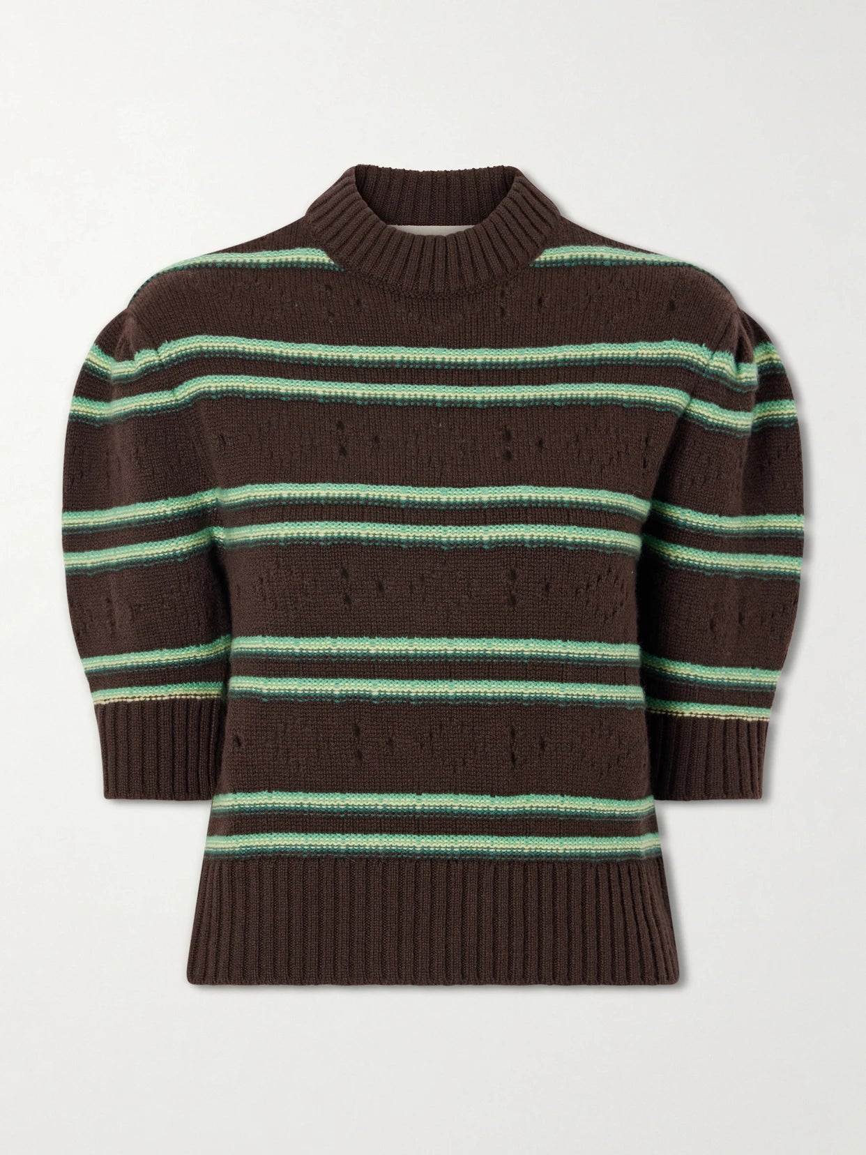 Image of a model wearing Outerwear. Product name - Cropped Striped Open-knit Cashmere Sweater in Brown colour by brand - Marni