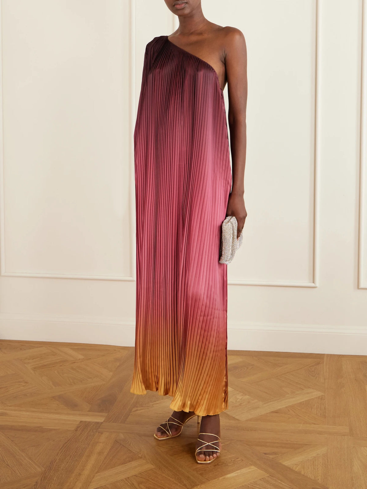 Image of Dresses. Product name - One-shoulder Pleated Satin Midi Dress in Burgundy colour by brand - Dima Ayad