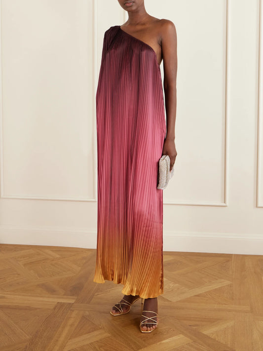 Image of Dresses. Product name - One-shoulder Pleated Satin Midi Dress in Burgundy colour by brand - Dima Ayad