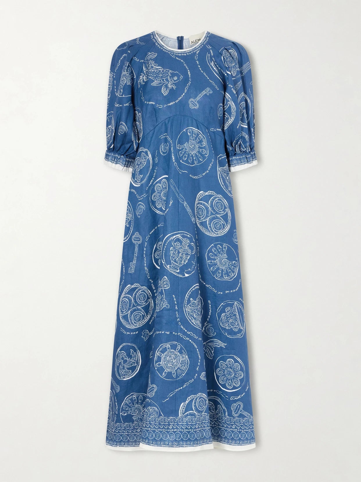 Image of Dresses. Product name - Lucky Printed Linen Midi Dress in Blue colour by brand - ALÉMAIS