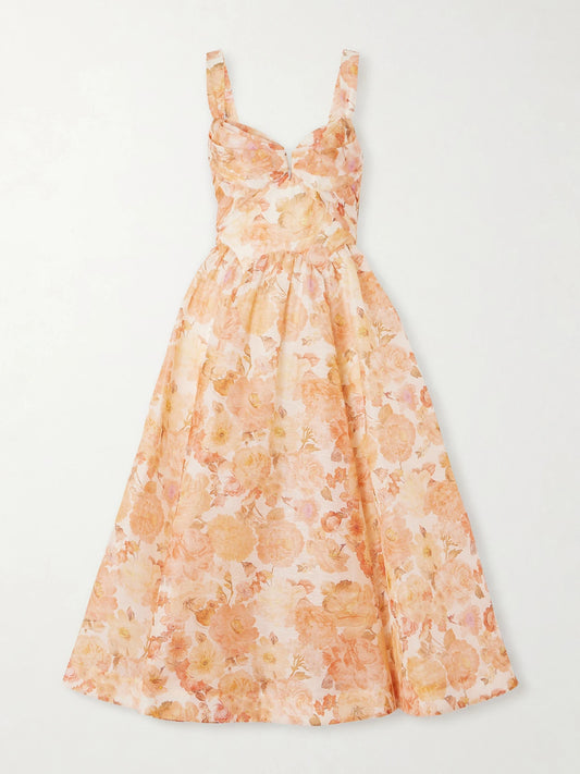 Image of Dresses. Product name - Rebellion Floral-print Linen And Silk-blend Bustier Midi Dress in Orange colour by brand - Zimmermann
