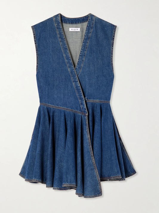 Image of Dresses. Product name - Asymmetric Wrap-effect Denim Mini Dress in Dark denim colour by brand - Alaïa