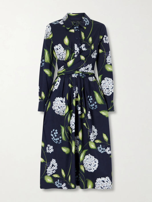 Image of Dresses. Product name - Wrap-effect Floral-print Cotton-blend Poplin Shirt Dress in Navy colour by brand - Oscar de la Renta