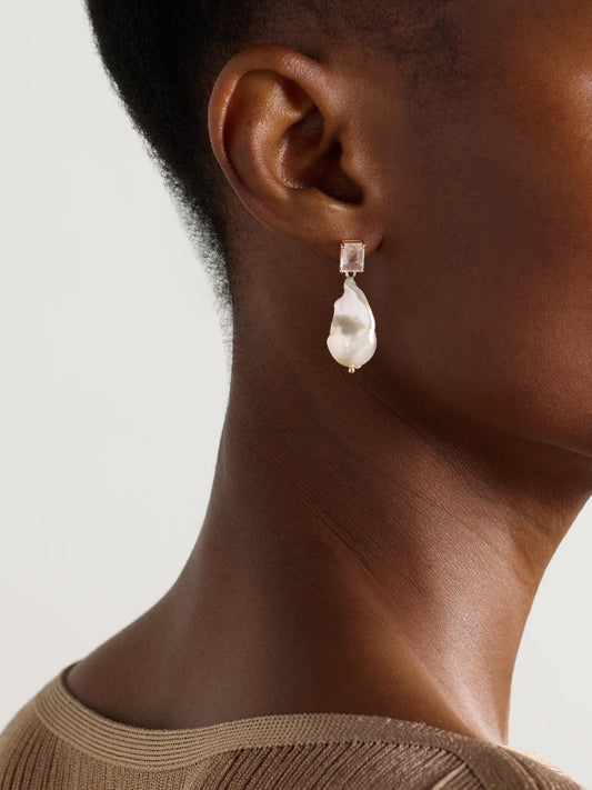 Image of Earrings. Product name - 14-karat Gold, Pearl And Quartz Earrings in Multi colour by brand - Mateo