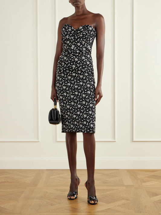 Image of Dresses. Product name - Strapless Draped Floral-print Silk-blend Charmeuse Midi Dress in Black colour by brand - Dolce & Gabbana