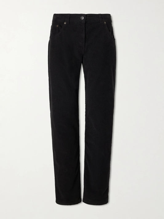 Image of a model wearing Pants. Product name - Fima Cotton-blend Corduroy Straight-leg Pants in Black colour by brand - The Row