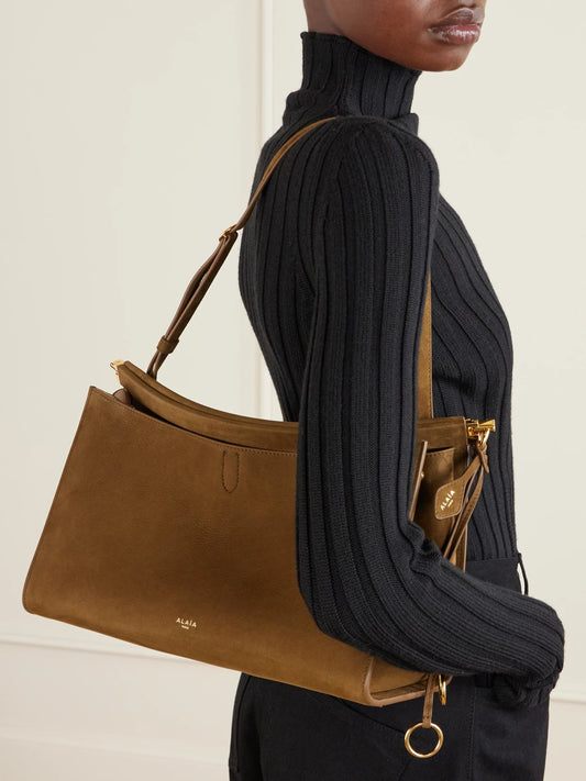 Image of Bags. Product name - Le Click Nubuck Leather Shoulder Bag in Dark green colour by brand - Alaïa