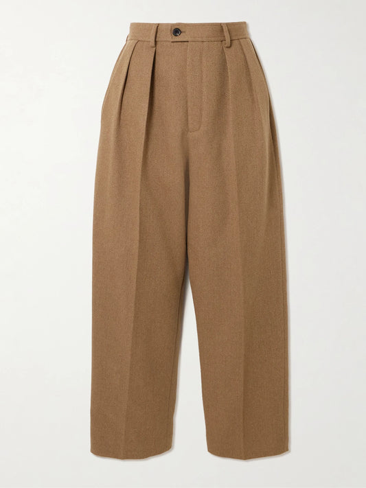 Image of a model wearing Pants. Product name - Rodger Pleated Rain System Wool-twill Tapered Pants in Brown colour by brand - Loro Piana