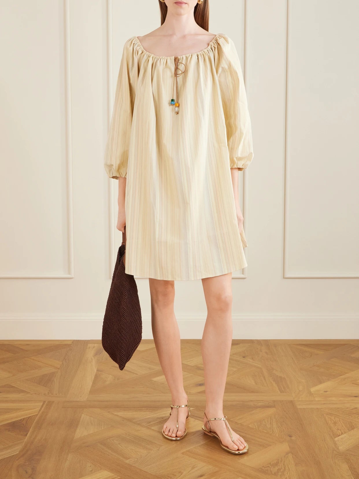Image of Dresses. Product name - Bonnie Striped Cotton Mini Dress in Beige colour by brand - BERNADETTE