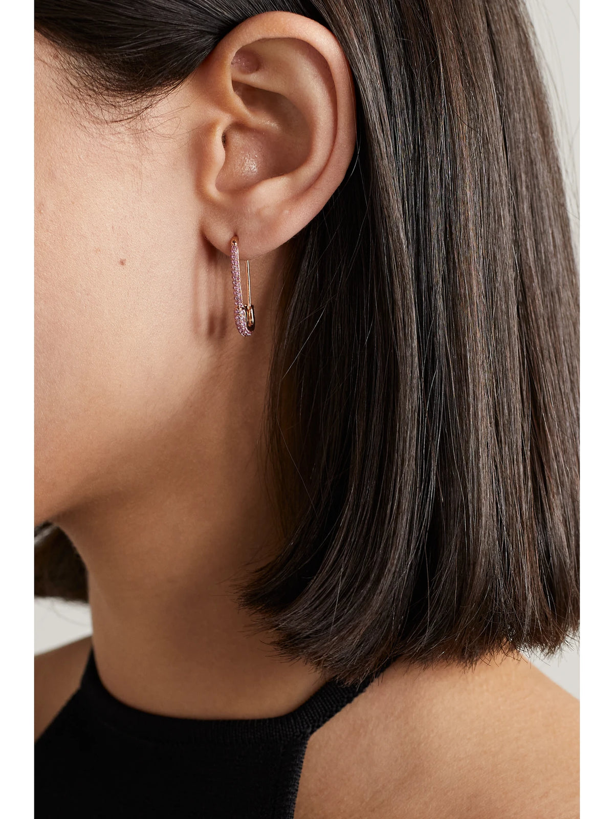 Image of Earrings. Product name - Safety Pin 18-karat Rose Gold Sapphire Earring in Multi colour by brand - Anita Ko