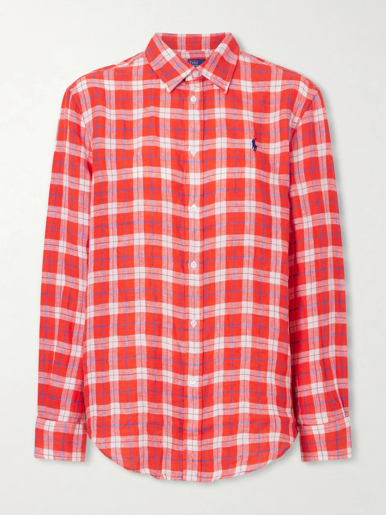 Image of a model wearing Tops. Product name - Logo-embroidered Checked Linen Shirt in medium colour by brand - Polo Ralph Lauren