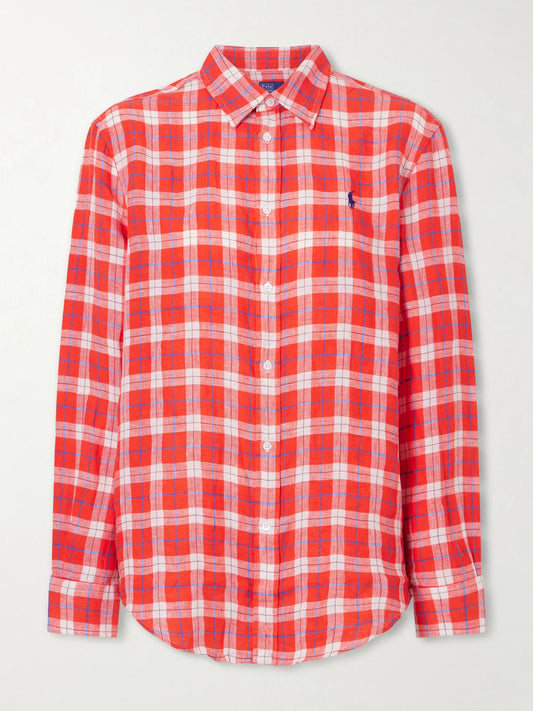 Image of a model wearing Tops. Product name - Logo-embroidered Checked Linen Shirt in medium colour by brand - Polo Ralph Lauren