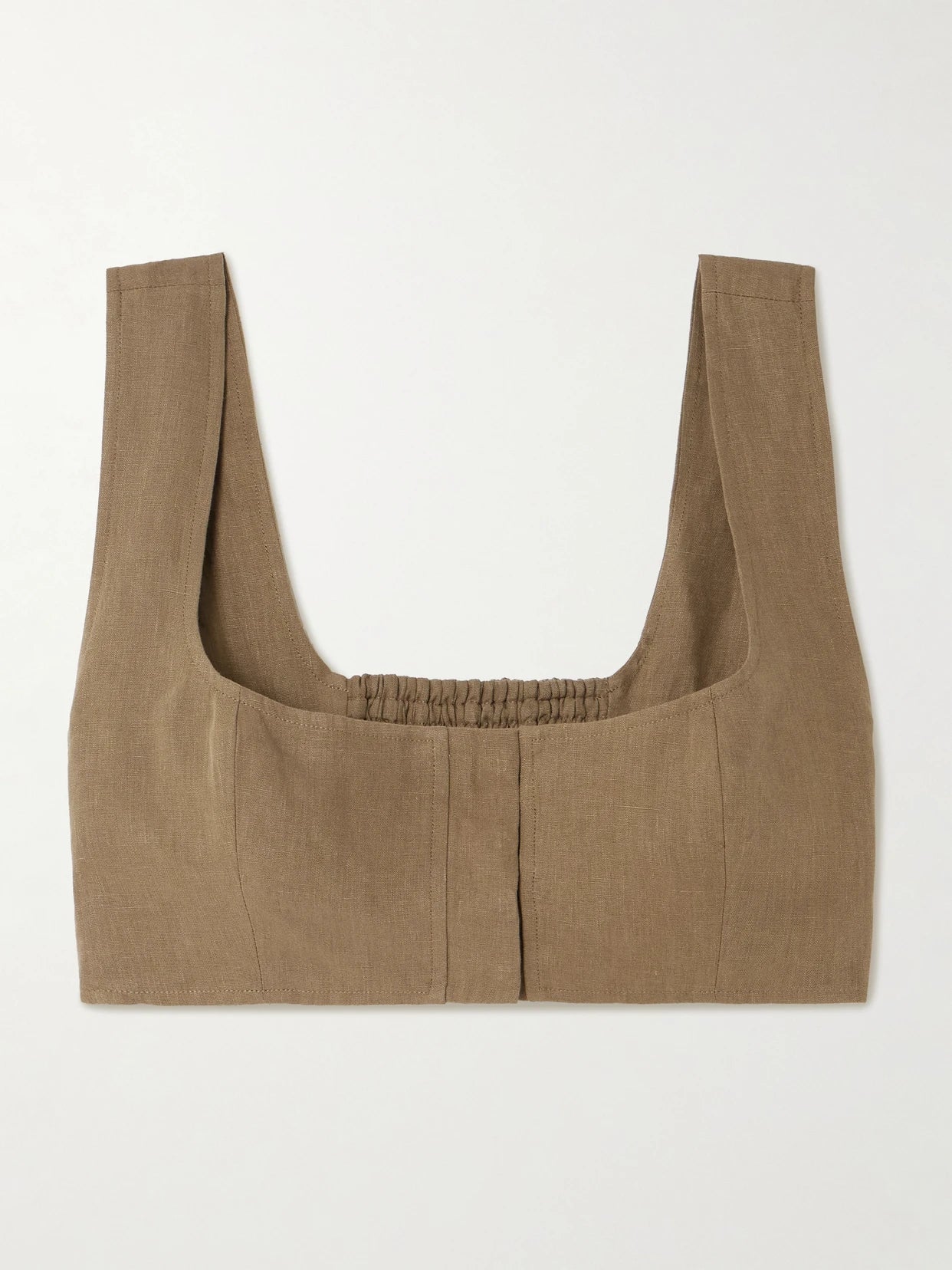 Image of a model wearing Tops. Product name - Jirja Cropped Linen Top in Brown colour by brand - Le Kasha