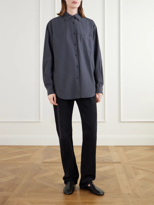 Image of a model wearing Tops. Product name - Ludao Cotton And Silk-blend Poplin Shirt in Gray colour by brand - The Row