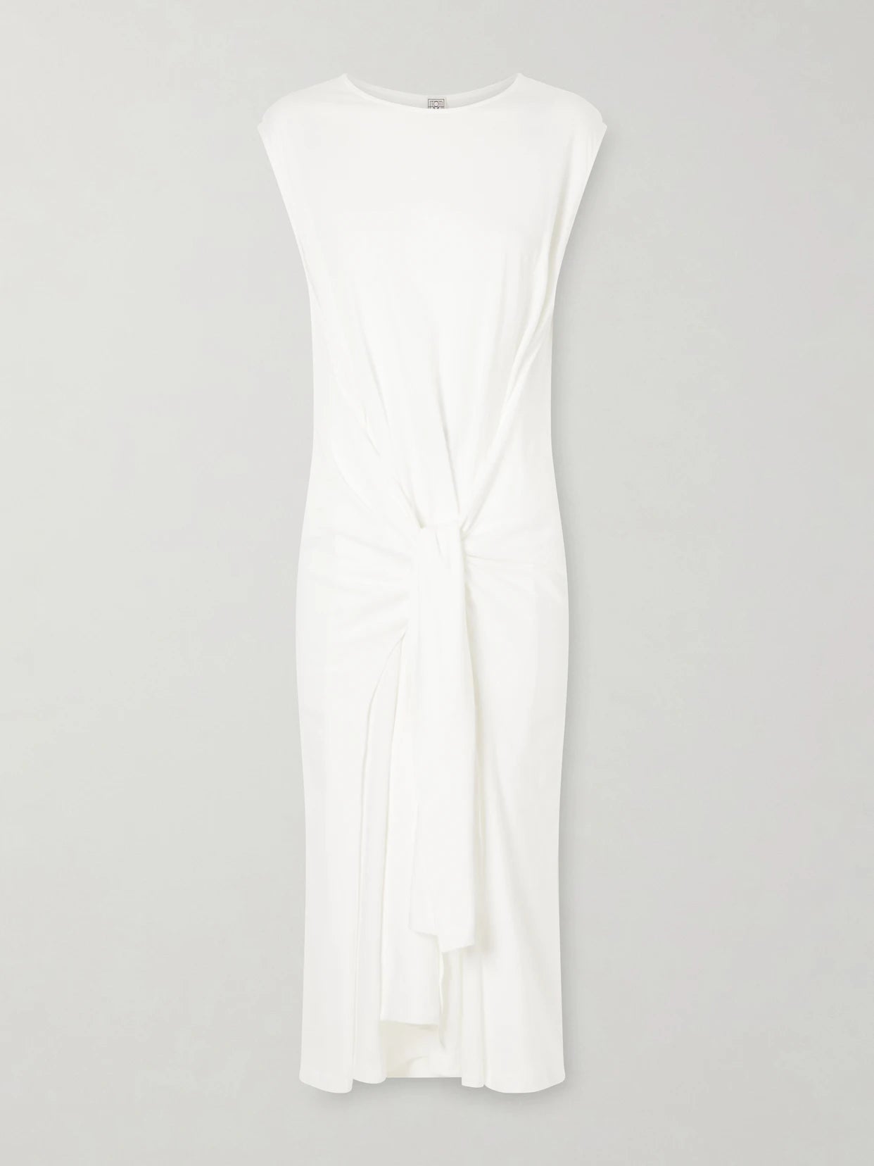 Image of Dresses. Product name - Tie-detailed Cotton Midi Dress in Off-white colour by brand - TOTEME