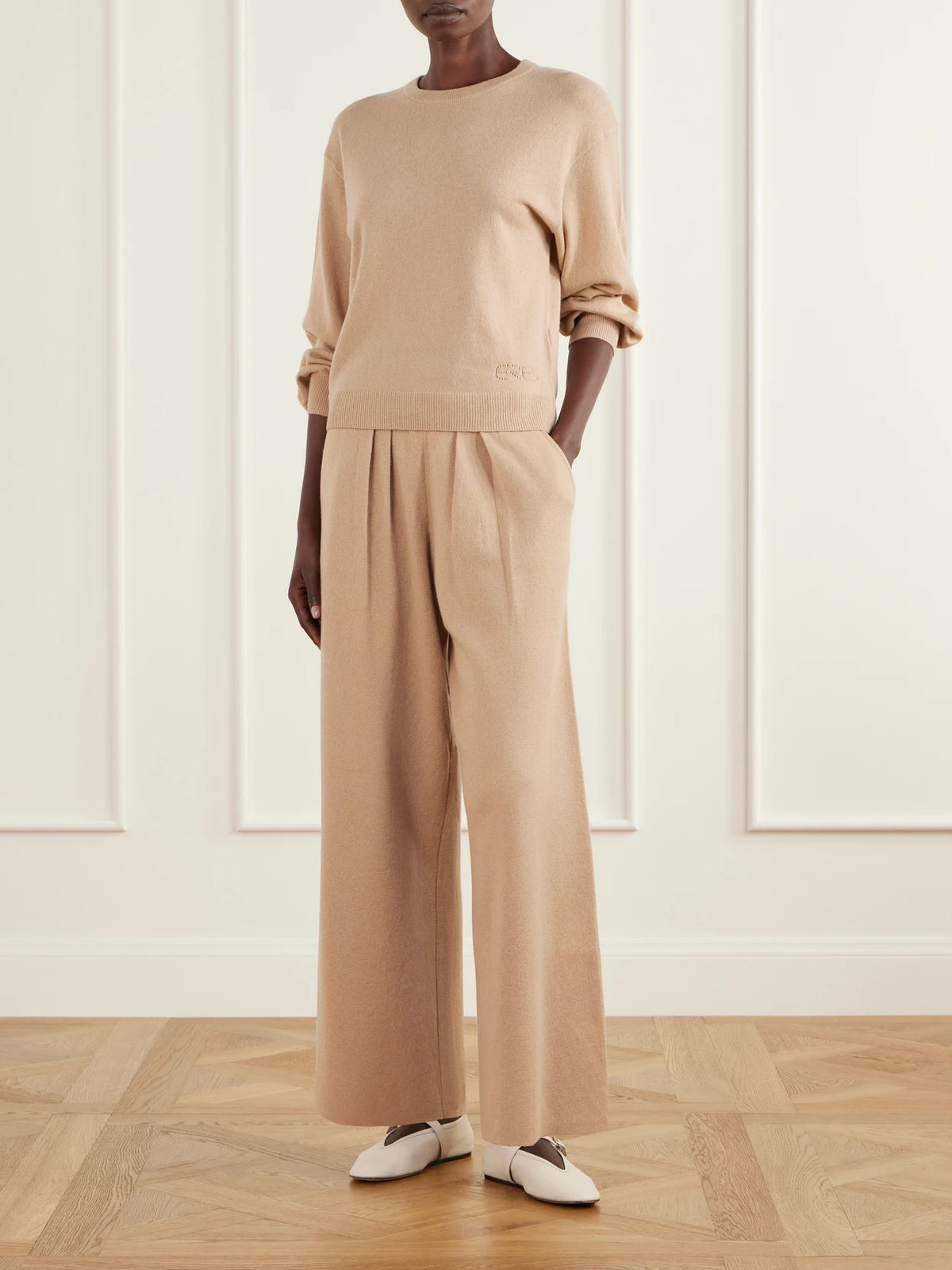 Image of Sleepwear & Loungewear. Product name - Access Pleated Wool And Cashmere-blend Wide-leg Pants in Cream colour by brand - Eres