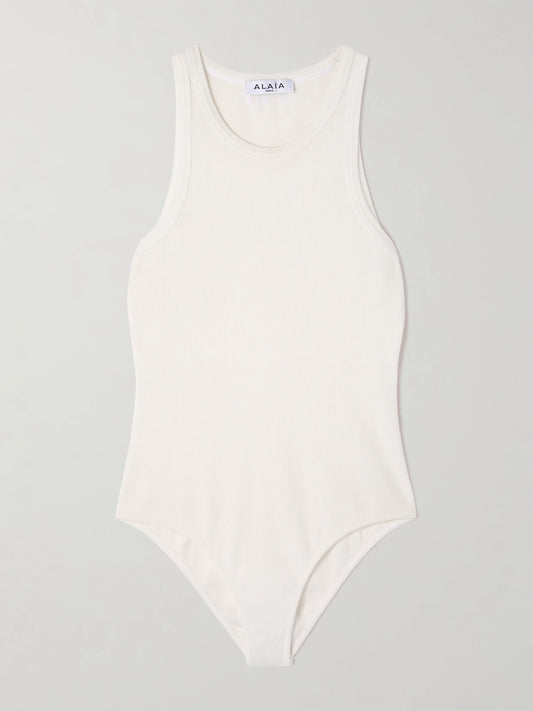 Image of a model wearing Tops. Product name - Ribbed-knit Bodysuit in Off-white colour by brand - Alaïa