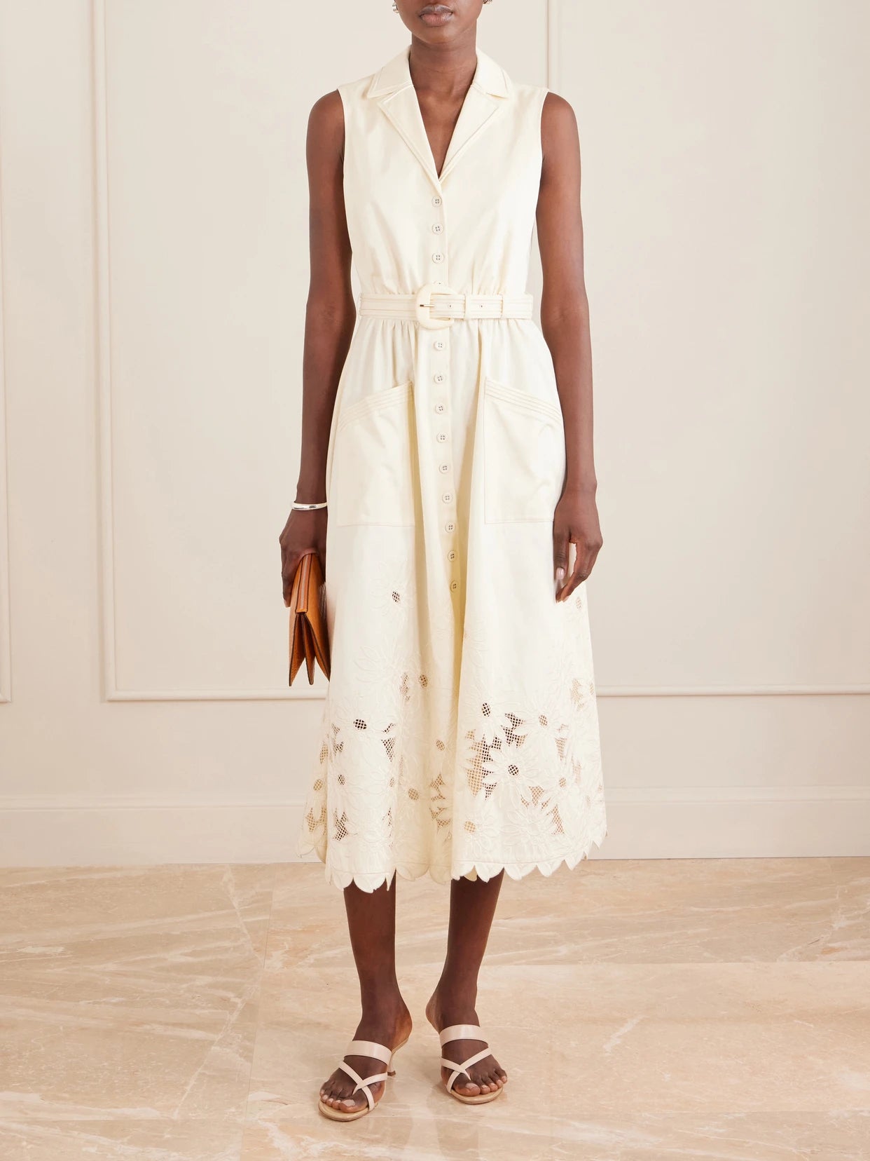 Image of Dresses. Product name - Kirat Belted Scalloped Embroidered Poplin Midi Dress in Cream colour by brand - Saloni