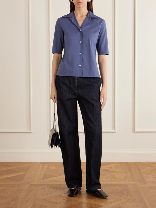 Image of a model wearing Tops. Product name - Pleated Cotton Shirt in Blue colour by brand - Jil Sander