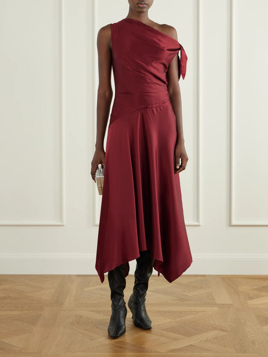 Image of Dresses. Product name - Portia Tie-detailed Draped Silk-satin Dress in Burgundy colour by brand - STAUD