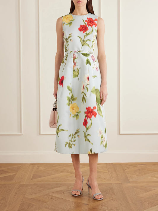 Image of Dresses. Product name - Belted Floral-print Faille Midi Dress in Light blue colour by brand - Oscar de la Renta
