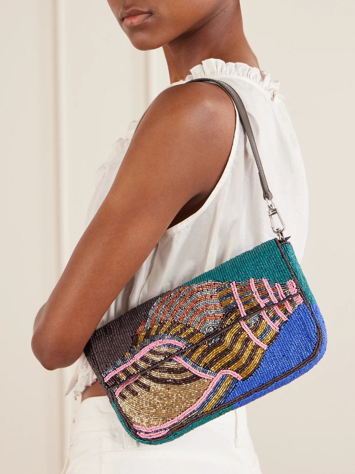 Image of Bags. Product name - Timmy Beaded Leather Shoulder Bag in Blue colour by brand - STAUD