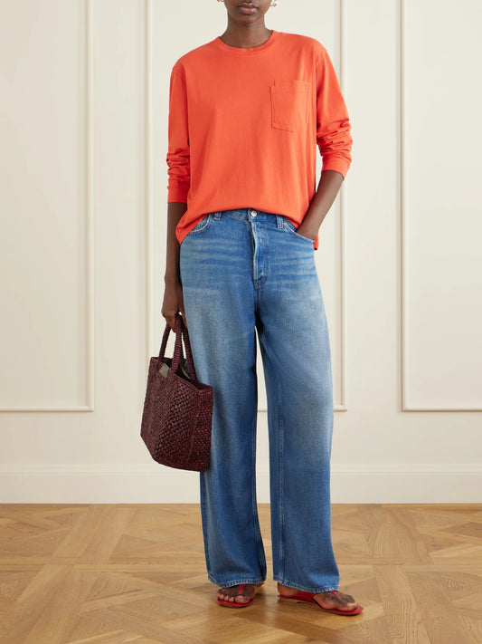 Image of a model wearing Tops. Product name - Double Pocket-detail Cotton T-shirt in Red colour by brand - B SIDES