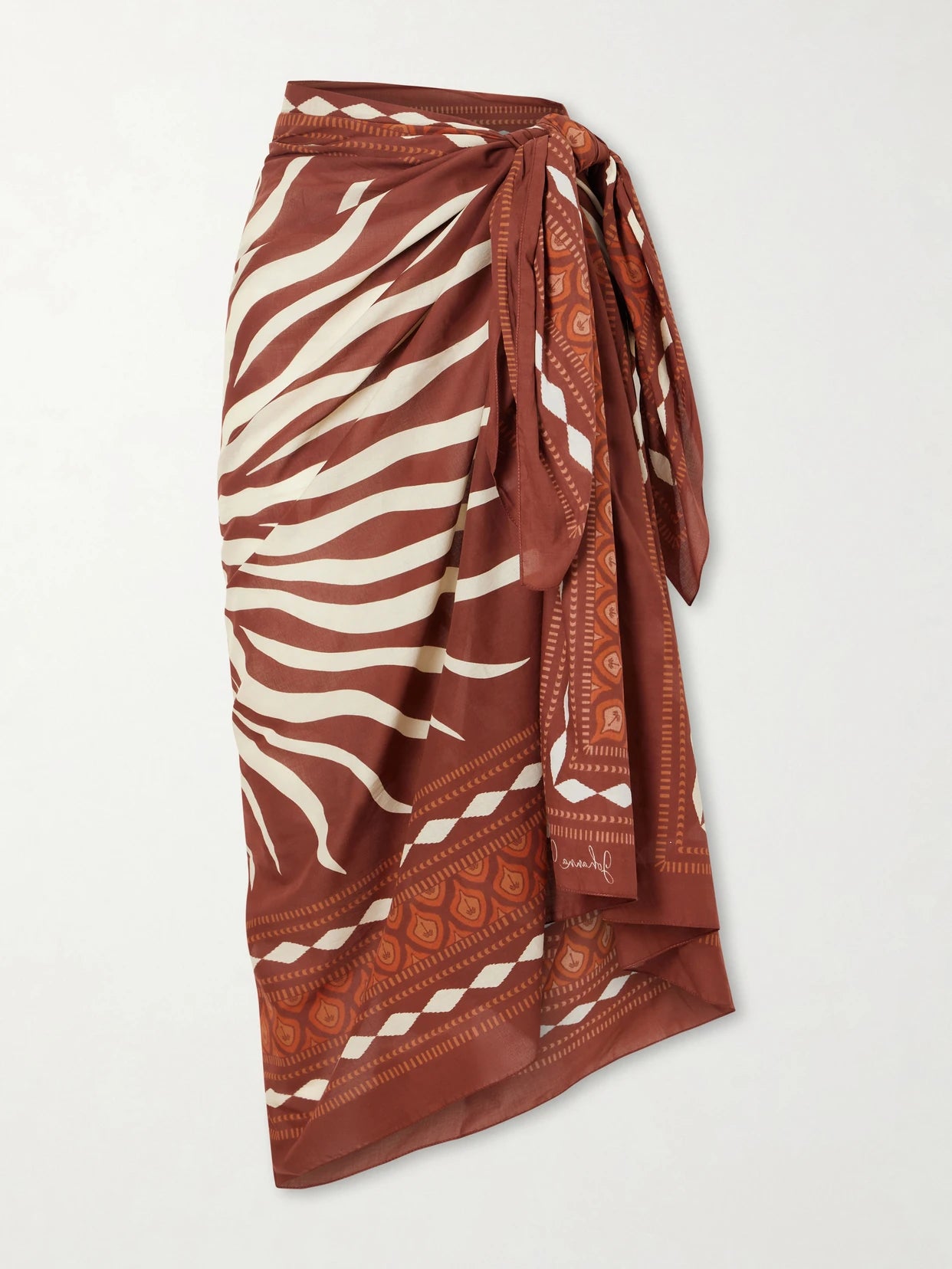 Image of Swimwear. Product name - Printed Cotton Pareo in Burgundy colour by brand - Johanna Ortiz