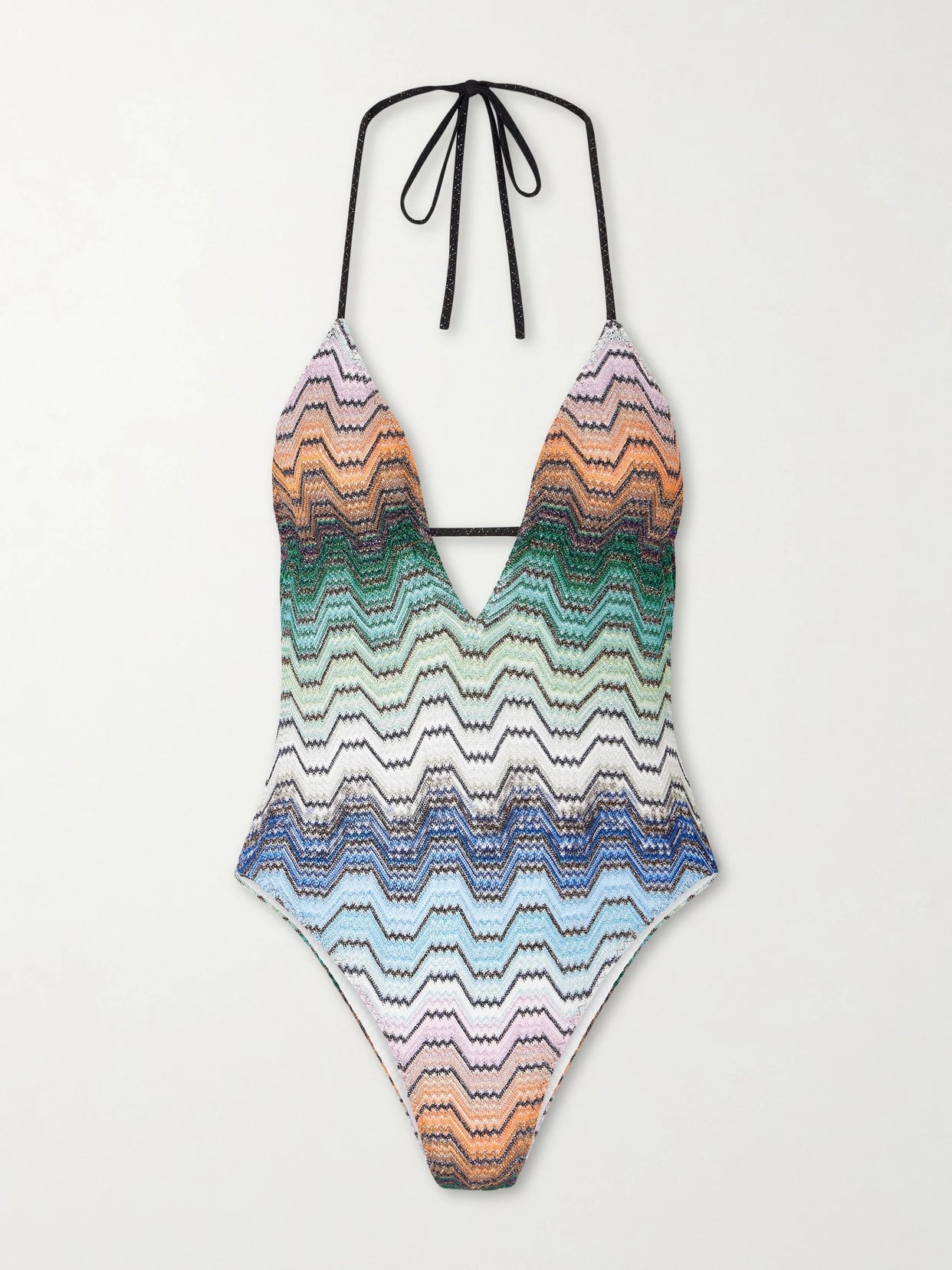 Image of Swimwear. Product name - Mare Striped Crochet-knit Halterneck Swimsuit in Blue colour by brand - Missoni