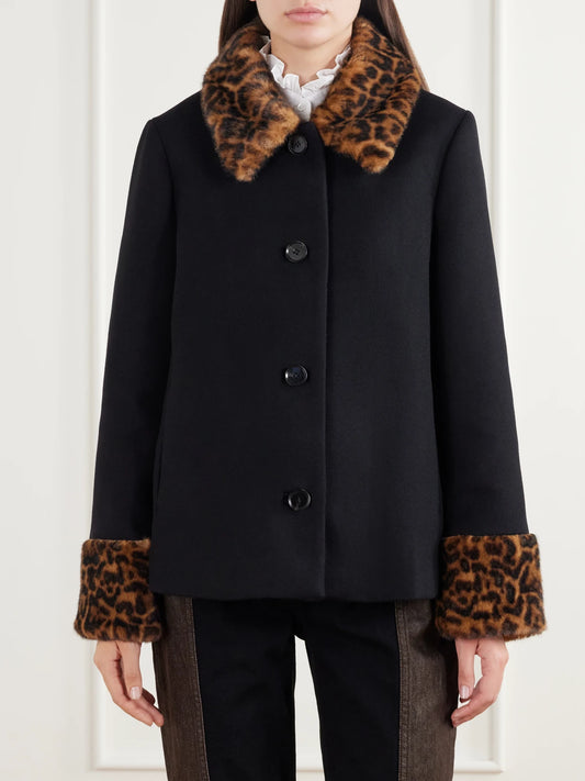 RIXO Aldith Leopard Plush-trimmed Melton Wool-blend Jacket