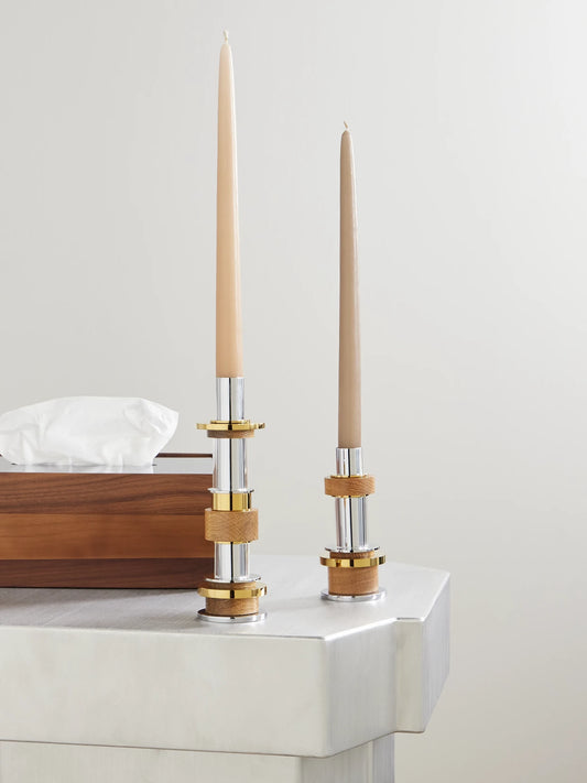 Image of Decor. Product name - Myriade Large Stainless Steel, Gold-tone, Oak And Glass Candle Holder in Silver colour by brand - Christofle