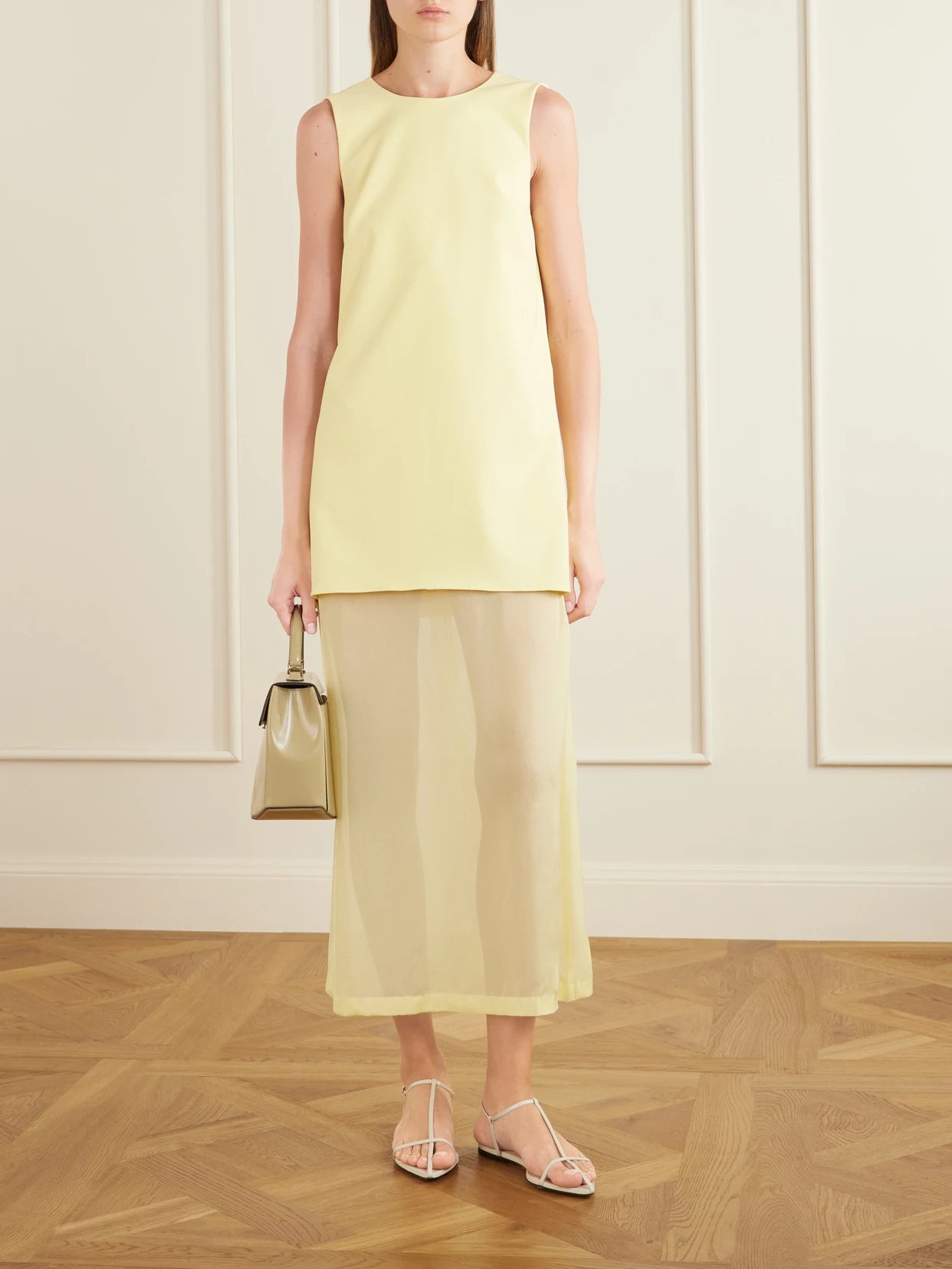 Image of Dresses. Product name - Crepe And Chiffon Maxi Dress in Pastel yellow colour by brand - La Ligne