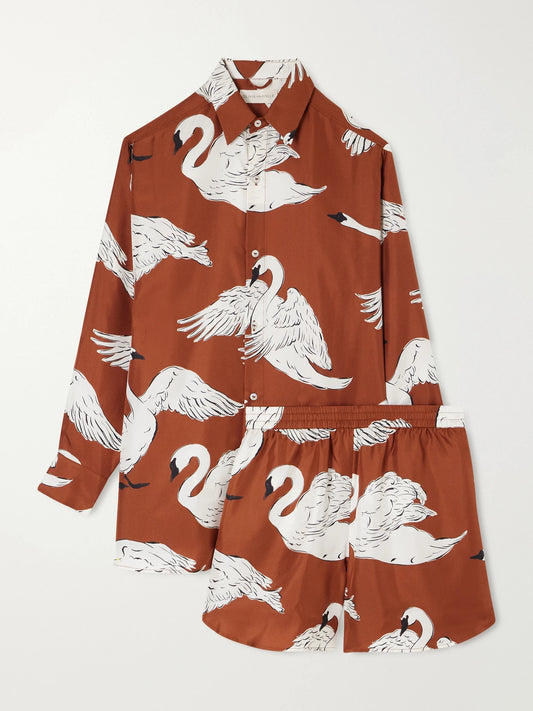 Image of Lingerie. Product name - Kick Printed Silk-satin Pajama Set in Brown colour by brand - Olivia von Halle