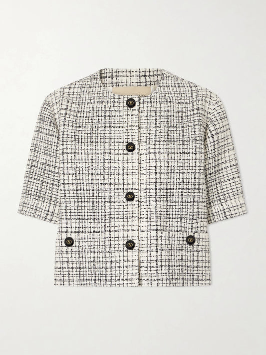 Image of Coats & Jackets. Product name - Tweed Cotton-blend Blazer in White colour by brand - Valentino Garavani