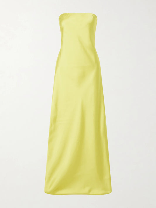 Image of Dresses. Product name - Bias Strapless Satin Gown in Yellow colour by brand - Norma Kamali