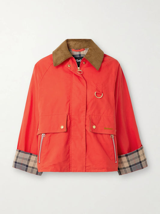Image of Coats & Jackets. Product name - Mackworth Corduroy-trimmed Cropped Cotton Jacket in Red colour by brand - Barbour