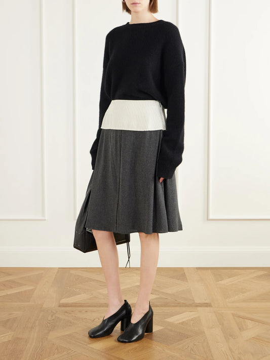 Image of a model wearing Skirts. Product name - Committee Pinstriped Checked Seersucker Midi Skirt in Dark gray colour by brand - MFPEN