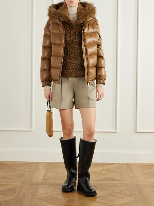 Image of Coats & Jackets. Product name - Hypolais Hooded Plush-trimmed Quilted Shell Down Jacket in Brown colour by brand - Moncler