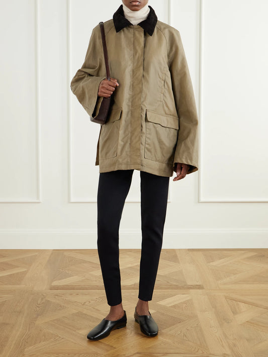 Image of Coats & Jackets. Product name - Country Corduroy-trimmed Organic Cotton-canvas Jacket in Sand colour by brand - TOTEME
