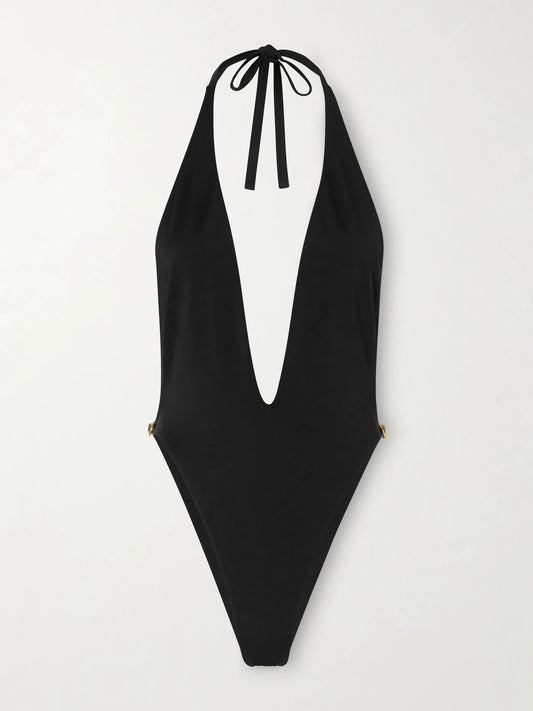 Image of Swimwear. Product name - Vita Logo-embellished Swimsuit in Black colour by brand - Versace
